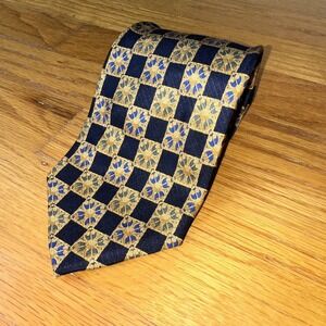Valentino‎ Silk Tie Mens Blue Gold Checkerboard Geometric Pattern Made In Italy